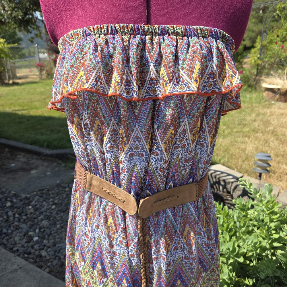 NWT No Boundaries Colorful Strapless Maxi Dress with Belt. Sz XL Juniors. CCCP